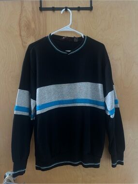 Men's Black Knit Sweater with Gray and Blue Stripe
